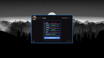 Dark portal table listing disk, board, display, UUID, GPU, and network fields with changed or unchanged badges beside a check-serials control.