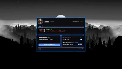 UEFI spoof screen with permanent spoof toggle, GPU and ethernet switches, seed input, and mountain wallpaper on a charcoal dashboard.