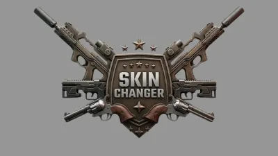 Shield crest labeled Skin Changer with crossed rifles, revolvers, and star accents on metal plating.